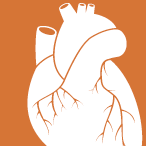 White heart graphic on orange background
