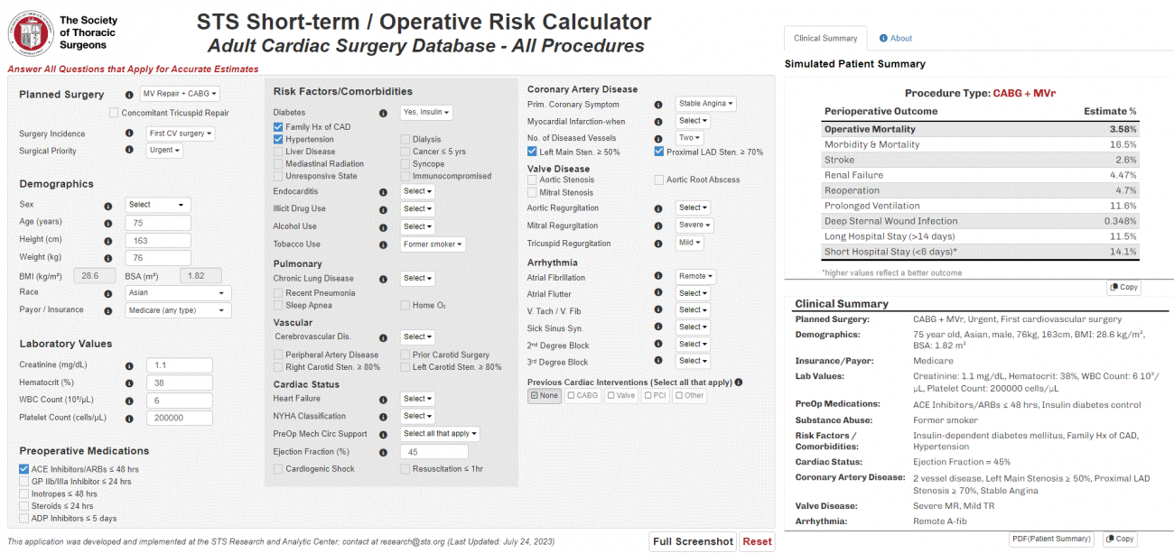operative risk calculator - dashboard